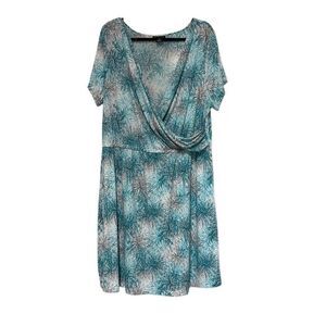 Nue Options 2X Green Gray Floral Print Deep V Faux Wrap Dress Elastic Waist